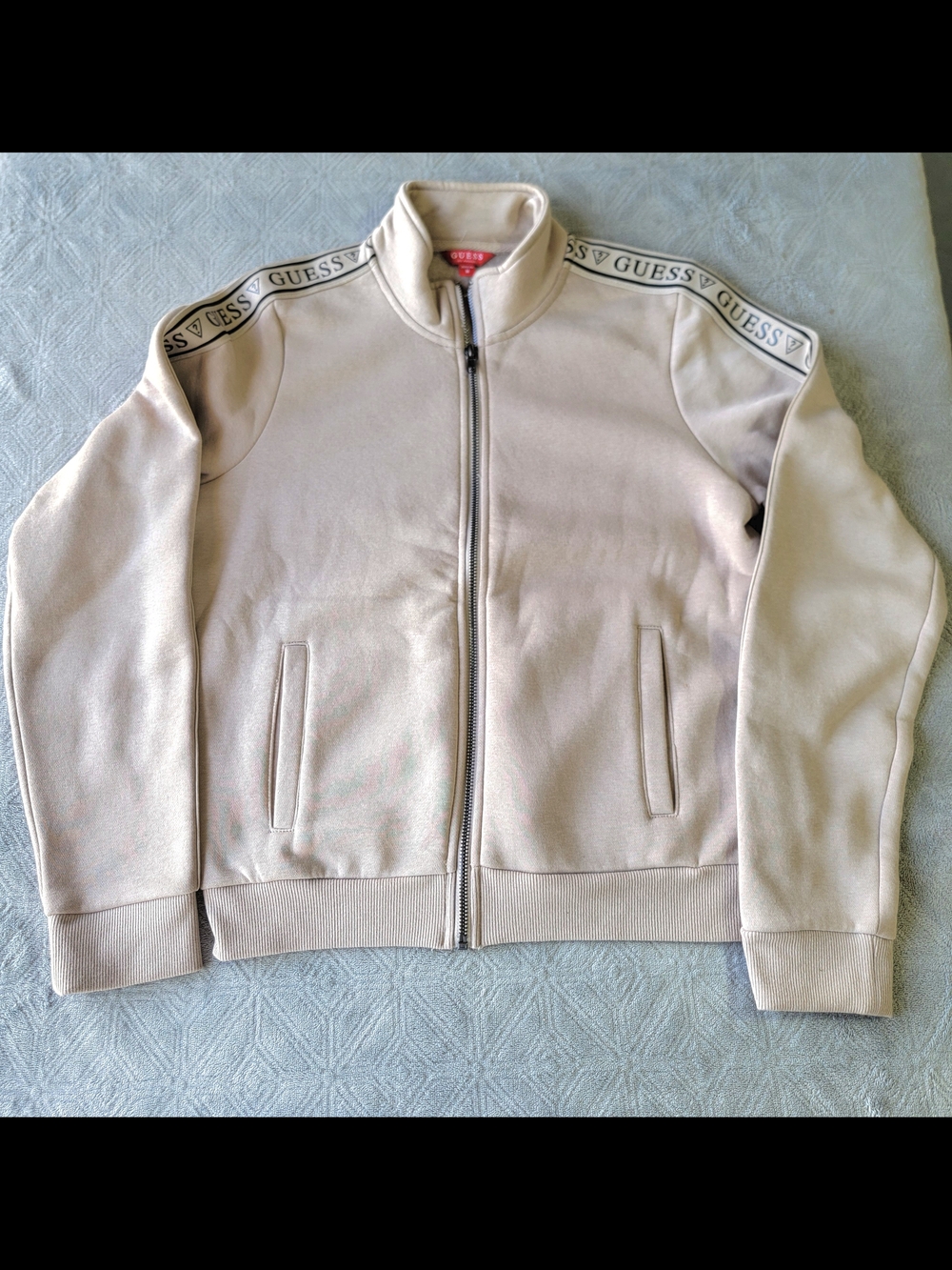 Guess Logo Tape Zip-Up Jacket in Light Beige